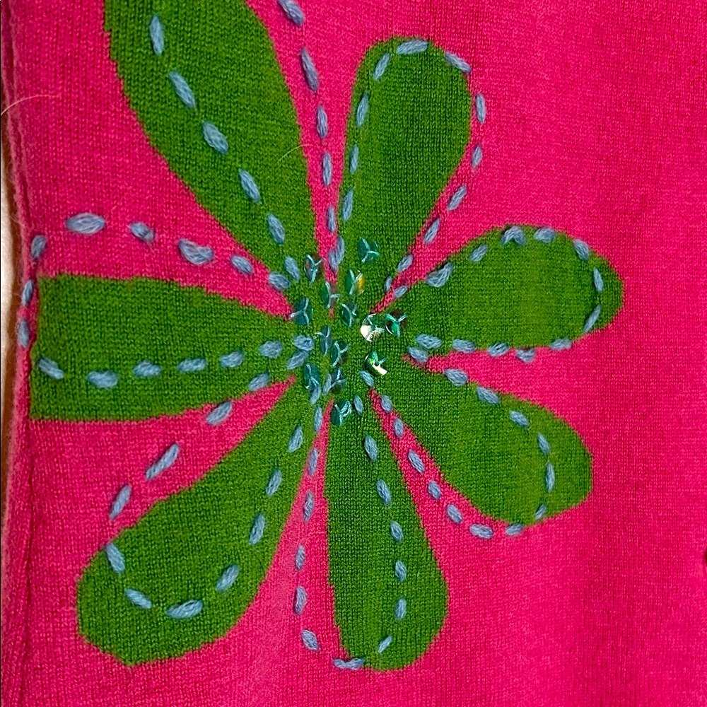 Garnet Hill Pink Cardigan with Green Appliqué Flowers, All Lambswool, SZ S - Picture 5 of 7